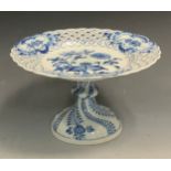 A Meissen Onion pattern pedestal comport, decorated in underglazed blue, with stylised leaves,