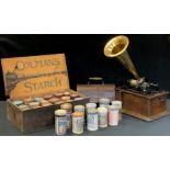 An early 20th century Edison standard phonograph, oak case, serial 636514, 31cm wide, brass horn;