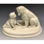 A 19th century Gustavsburg parian model, "Can`t You Talk", as dog and child oval plinth, impressed
