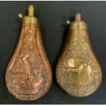 A 19th century copper shot flask, embossed with hanging game, sprung mechanism, 18cm long;