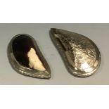 A 19th century mussel shell snuff box, the silver plated mount with hinged cover inscribed J H