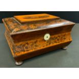 A Victorian Tunbridge ware and rosewood concave sarcophagus work box, the hinged cover inlaid with a