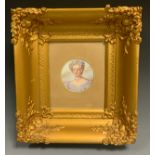 A 19th century porcelain circular plaque, Louise, 7cm diam, framed