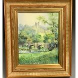 An English porcelain rectangular porcelain plaque painted by Stefan Nowacki, signed, Haddon Hall,