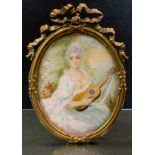 English School, 19th century, a portrait miniature, of a beauty, playing a mandolin, watercolour