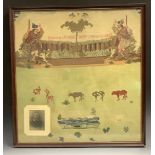 A Victorian needlework, embroidered by Emma Fogg, 1883, with Highlanders, cattle and stag, 63cm x