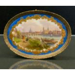 A 19th century German porcelain oval plaque, painted with Dresden within a gilt leafy cartouche