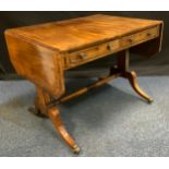 A George III mahogany and satinwood crossbanded sofa table, c.1810 drawers to frieze, sabre legs,