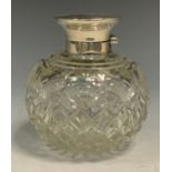 A George V globular scent bottle, hinged silver cover, 10cm high, Birmingham 1919