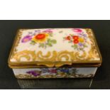 A 19th century French rectangular basketweave moulded gilt metal and enamelled box, the domed