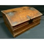 An 18th century oak slope front bible box, c.1740 hinged cover, carved initials, E.L.G., the front