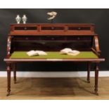 A 19th century rosewood cylinder desk, rectangular superstructure with three short drawers above a