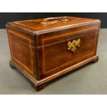 A George II mahogany rectangular tea caddy, hinged cover with brass swan neck handle, enclosing