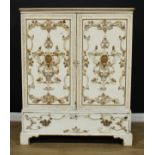 A 19th century Chippendale design painted press cupboard, rectangular top above a pair of blind