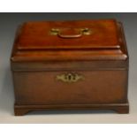 A George II mahogany tea caddy, pagoda top, swan neck handle, bracket feet, the interior with