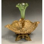 A late 19th century gilt metal table centrepiece, green glass epergne flute, dished base cast with