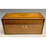 A Victorian rectangular Tunbridge and walnut tea caddy, inlaid with lozenge and feathered banding,