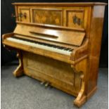 A R Gors and Kallmann of Berlin, burr walnut cased upright piano, iron frame. with candle sconces
