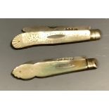 An Edwardian mother-of-pearl and silver fruit knife, William Nowill, Sheffield 1905; another,