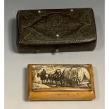 An unusual 19th century sycamore snuff box, the hinged cover decorated with an American Civil War