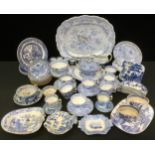 Blue and White - 19th century Asiatic Pheasant meat plate; Willow pattern straining plate;