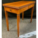 A reproduction yew wood veneer card table, rectangular top, tapering square legs, boxwood