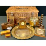 Boxes & Objects - a brass mounted oak calendar; pair of candlesticks; 19th century snuff box, as a