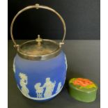 A Wedgwood blue Jasperware ginger jar, silver plated mount, 13.5cm high; Moorcroft oval Hibiscus
