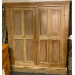 A late 19th/early 20th century pine house keepers cupboard, two panelled doors, enclosing three