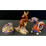 A Royal Crown Derby paperweight, Kangaroo, printed mark, gold stopper; others, Dragon; Frog