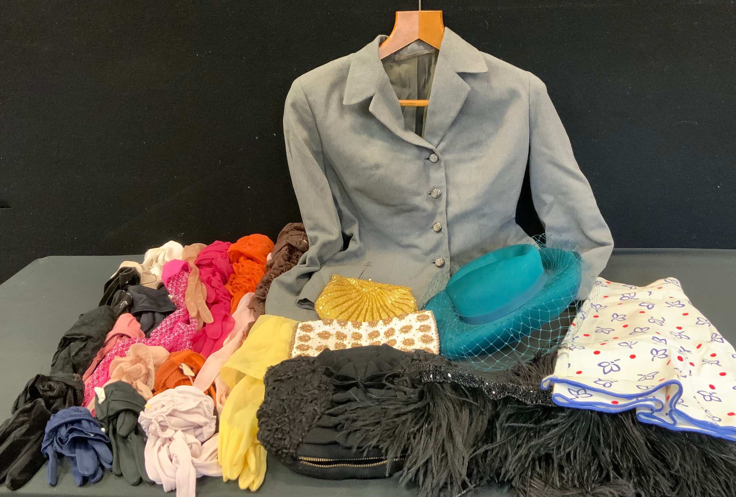 Fashion & Textiles - Beadwork and other bags, Little women jacket; apron skirt; gloves, Kangol hat