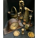 A fire side companion set; a brass coal scuttle; an oak mantel clock; oak candlesticks; etc