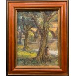 In the manner of Ronald Ossary Dunlop, Figure seated below a tree, an impression, oil on board, 37cm