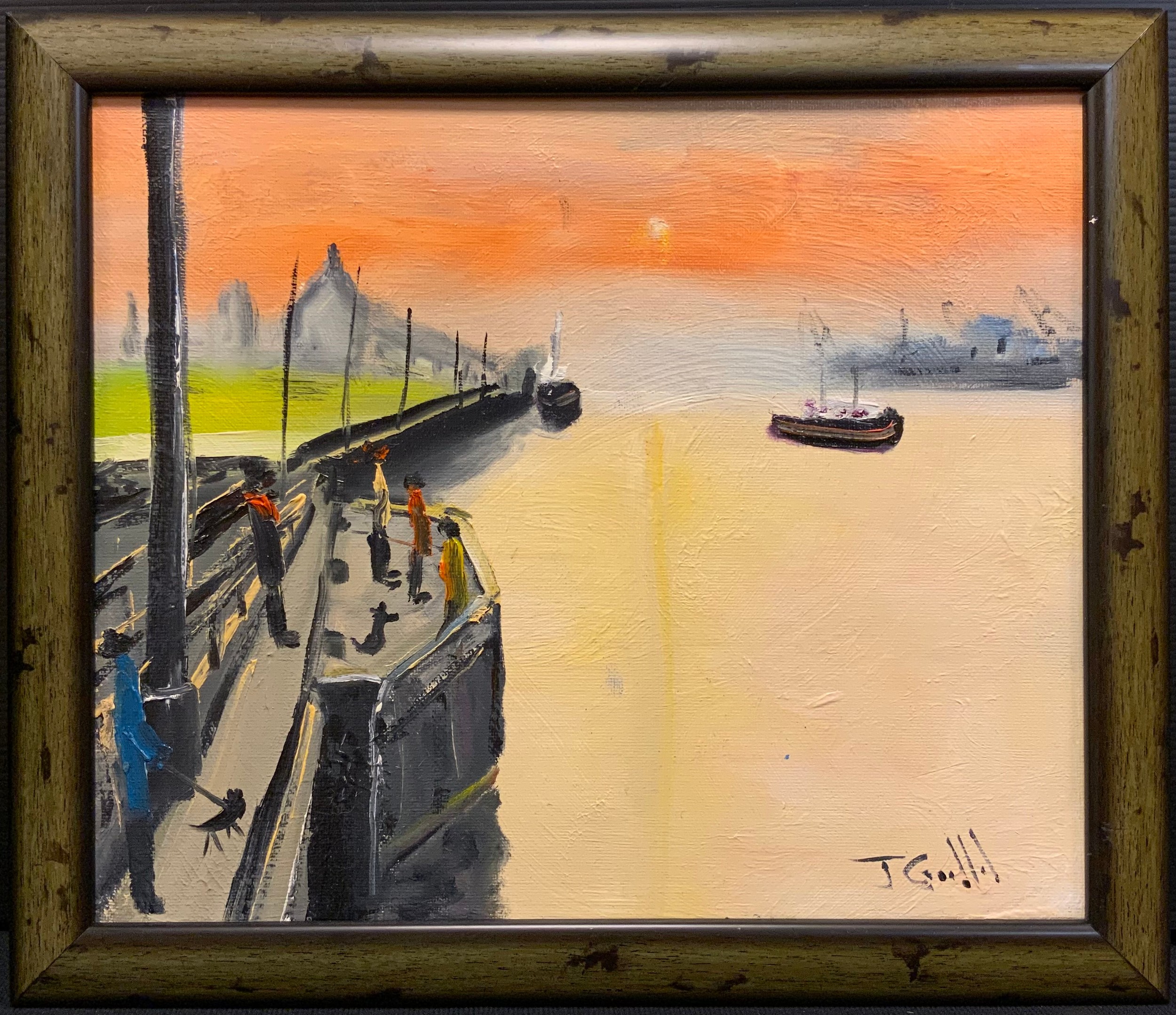 John Goodlad, Figures at the Quayside, signed, oil on canvas, 25.5cm x 30cm.