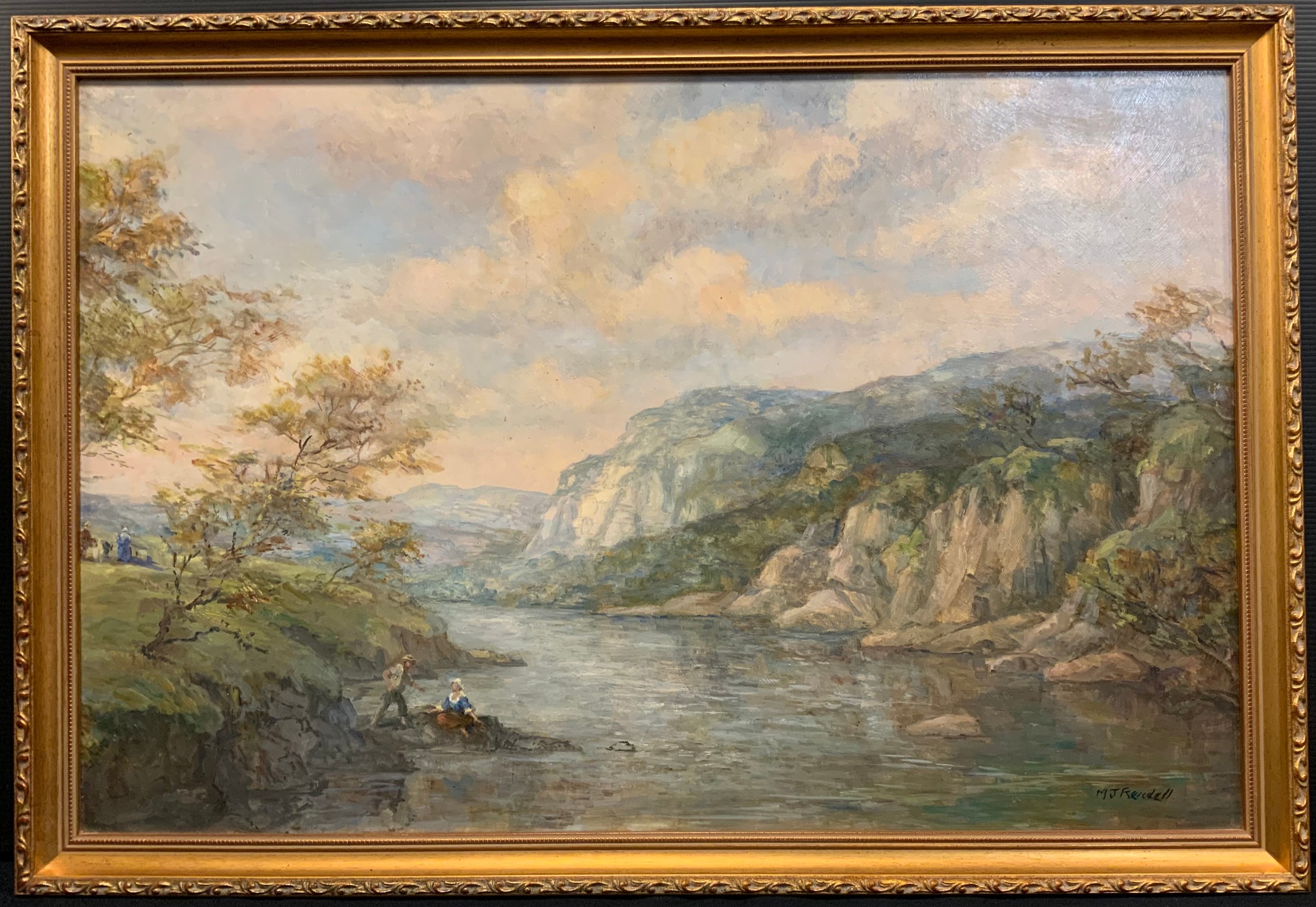 M. J. Rendell. River with Limestone Cliffs, signed, oil on board, 40.5cm x 61.5cm