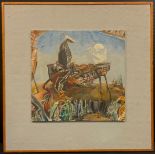 D. Noble, Surrealist school, 'Riderless Horse', signed, oil on board, label with title to verso,