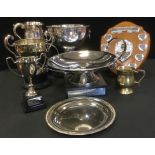 Silver Plate - a planished silver plated rose bowl trophy; a large stainless steel comport; trophy