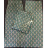 Textiles - a pair of large lined curtains in a green and gold classical pattern, 212cm drop, 303cm