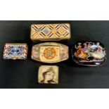 A horn snuff box; a Franklin Mint box and cover; a gilt metal and cloisonné stamp box; etc