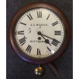 An early 20th century A E Marks, Nottingham oak cased drop dial wall clock, cream dial bold Roman