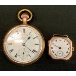 A 9ct gold cased wristwatch head, London 1924, 18.5g gross; a Lancashire Watch Co gold plated pocket