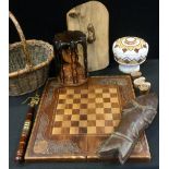 Boxes & Objects - a rustic cutting board; shell encrusted bowl and cover; carved bird cage, printing