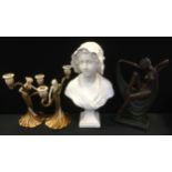 A modern Art Deco style bronze coloured figure Dancing Girl; pair of candelabra; bust of a maiden (