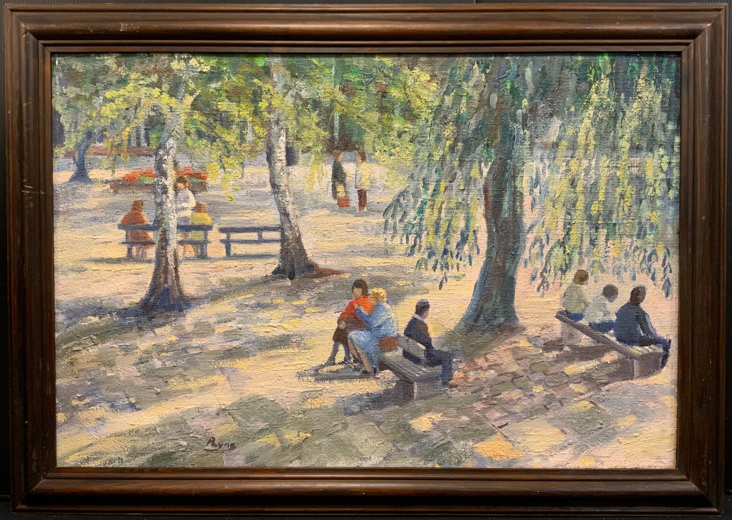 Gwen Payne, Town Square, signed, oil on canvas, 41cm x 61cm.