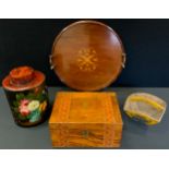 An Edwardian circular inlaid mahogany twin handle tray, 43cm diameter; Tunbridge inlaid writing