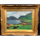 W. H. Allen, Highland Cattle by Loch Sunart, Argyll, signed, oil on board, titled label to verso,