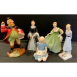 A Royal Doulton figure, Town Crier, HN2119; Alice, HN2158; Sweet Sixteen, HN2231; Fair Lady, HN2193;