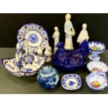 A Portmerion blue Hen egg basket, Chinese jar; figures etc