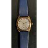 A George V 9ct gold cased Waltham wristwatch, white enamel dial, Arabic numerals, minute track,