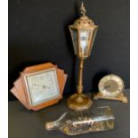 A Smiths Sectric Art Deco style mantel clock; barometer; lantern table lamp; ship in a bottle (4)